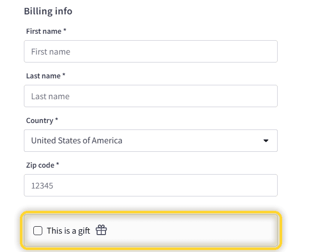 Checkout screen showing the gift option to purchase course access for a team member